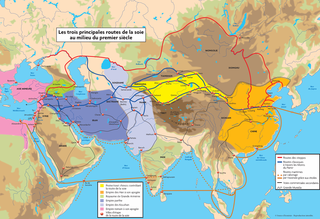 Map Globe monde 1er siecle routes de la soie