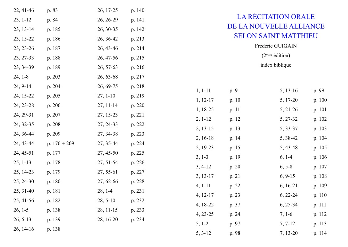 index évangile selon saint Matthieu trad. Guigain